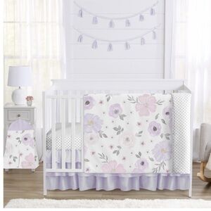 Sweet JoJo Designs Nursery Crib Set Watercolor Floral Lavender EUC